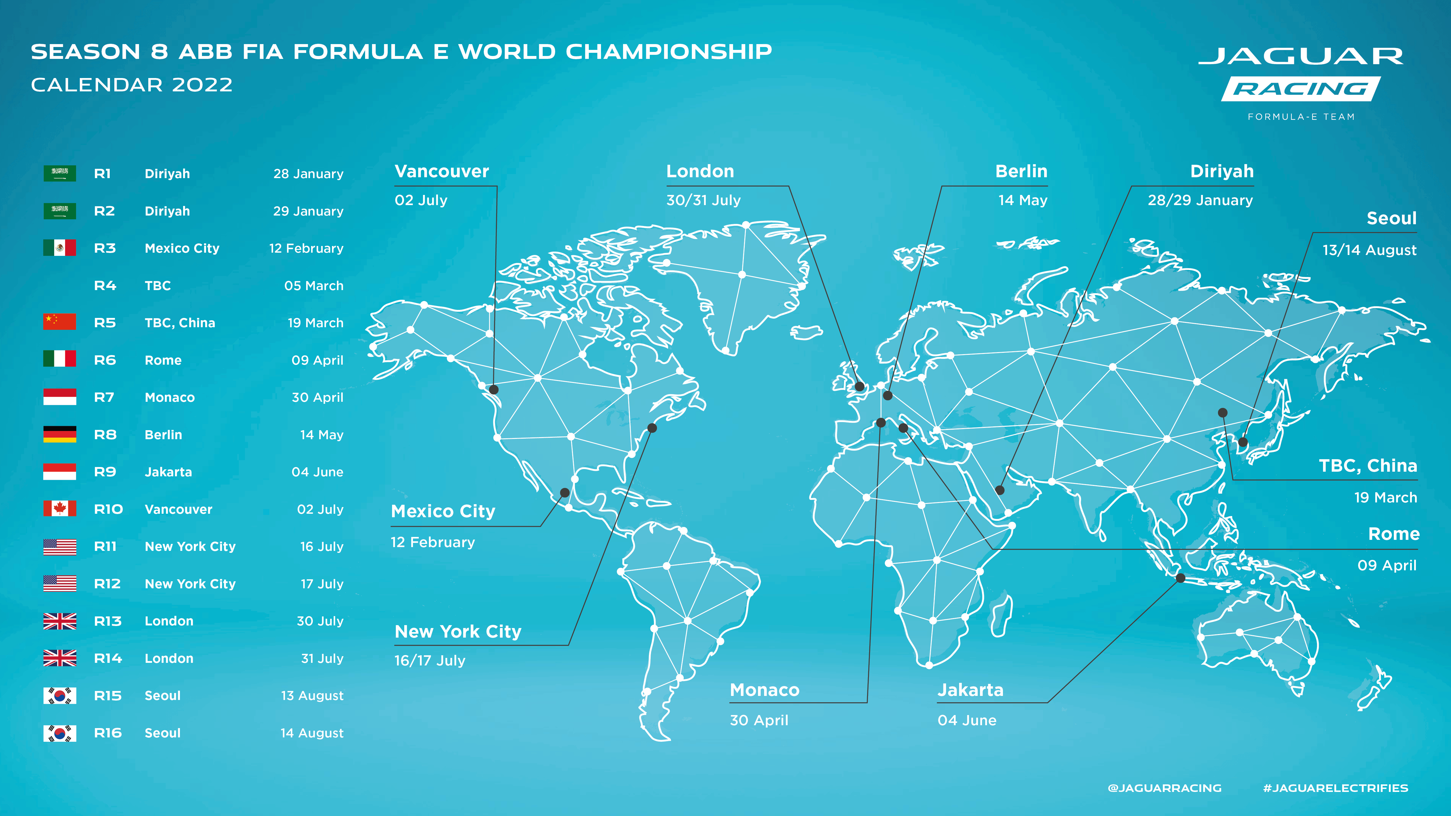 ABB FIA FORMULA E WORLD CHAMPIONSHIP - SEASON EIGHT CALENDAR | Jaguar Racing Media Newsroom Abb Fia Formula E World Championship Season Eight Calendar | Jaguar Racing Media Newsroom